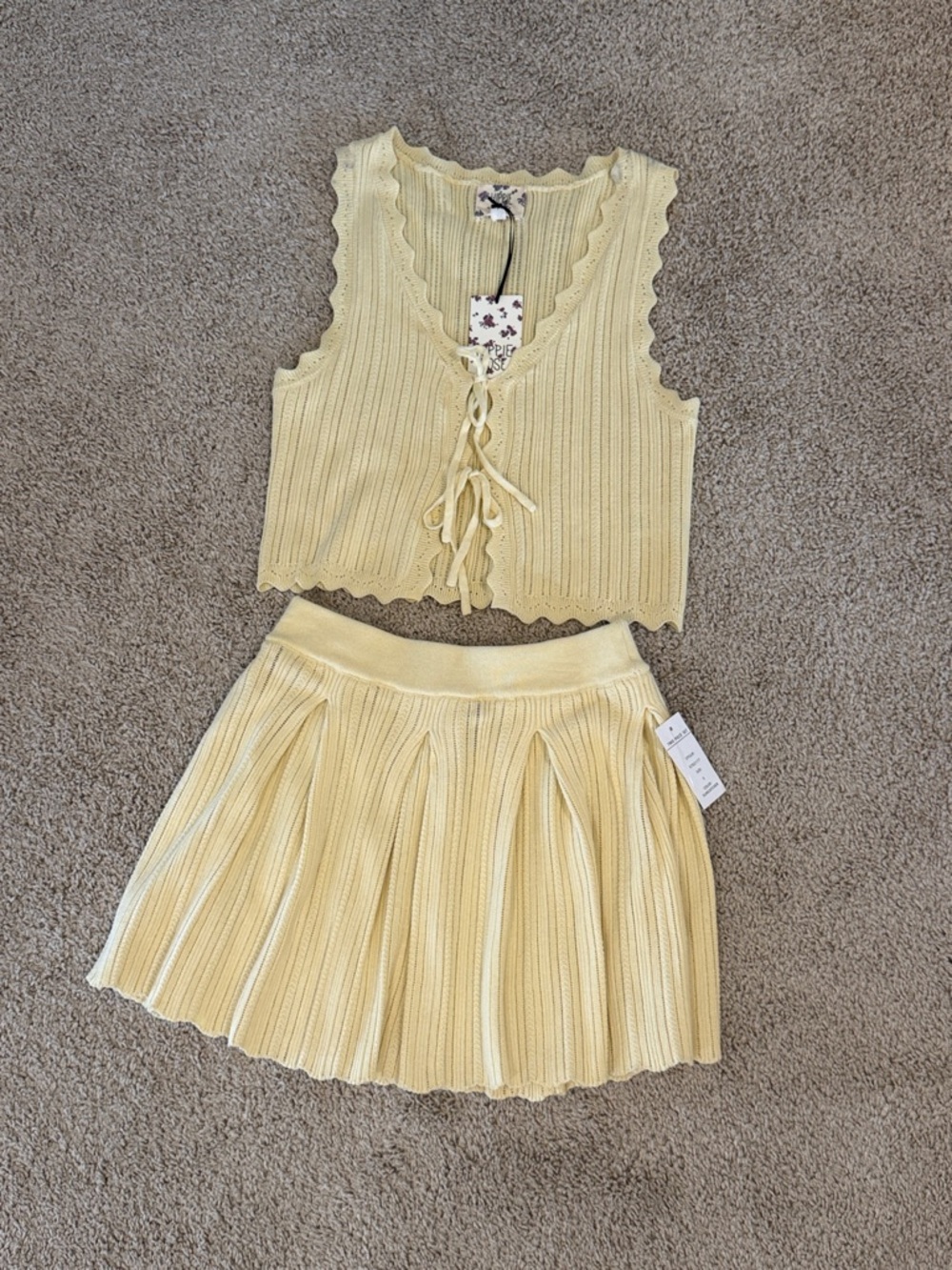 Yellow Knit Lace-Up Crop Top and Pleated Skirt Set